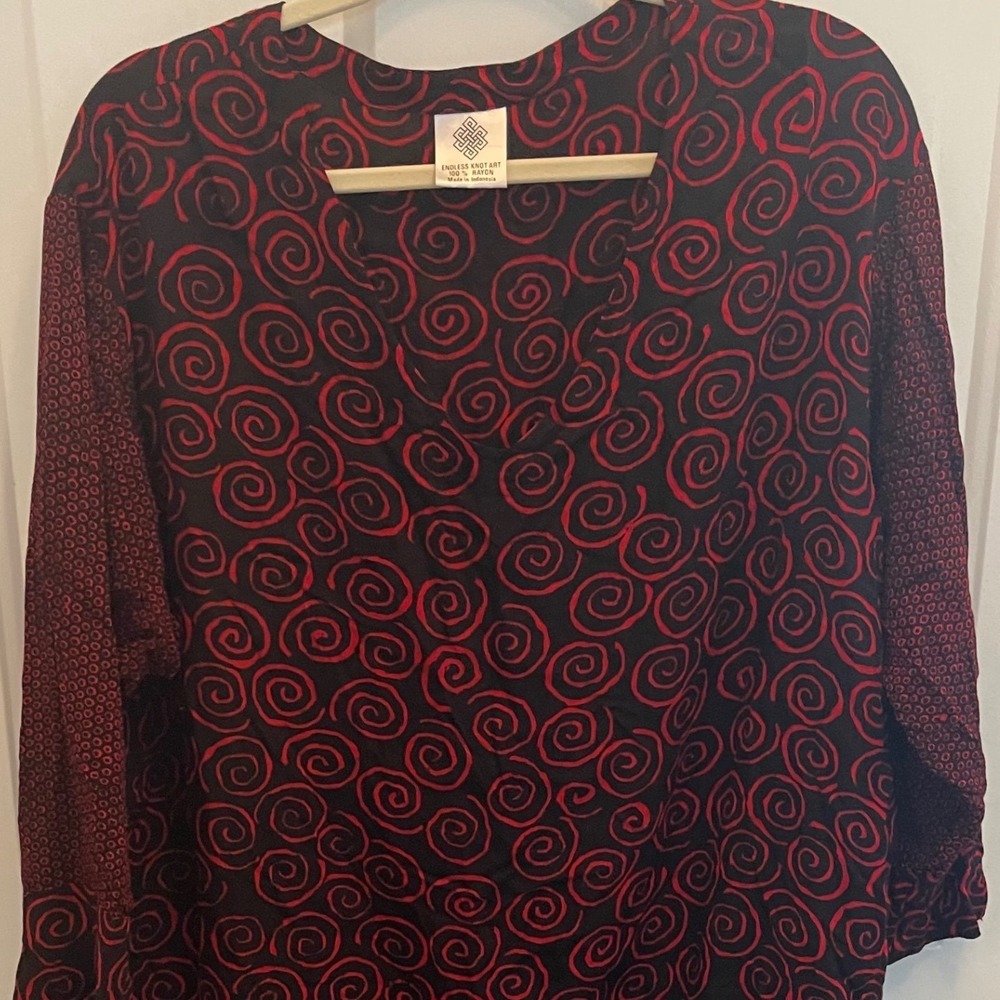 Endless Knot Art Womens Rayon Tunic Top Red Black Spiral Sun Print Asymmetric XL
